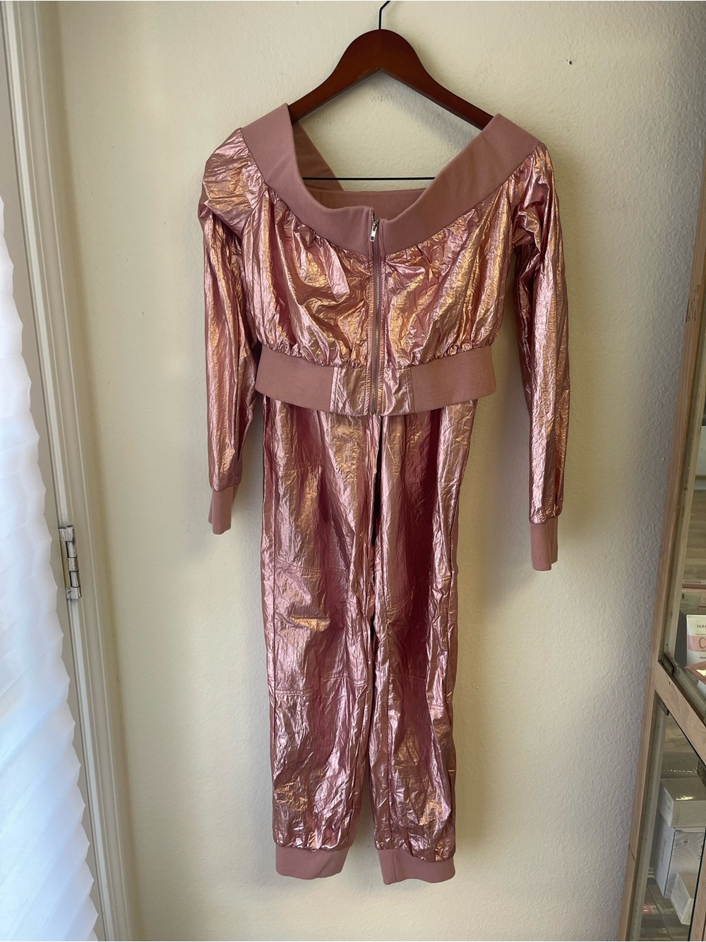 WOW couture Metallic Rose Pink Bomber Jumpsuit Jacket